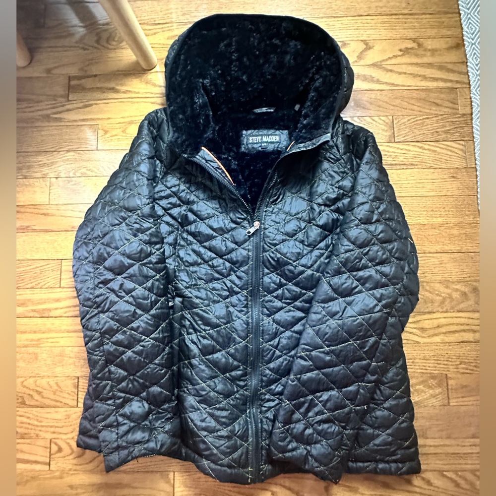 Steve Madden Black Quilted Women's Coat with Cozy Teddy Lining
